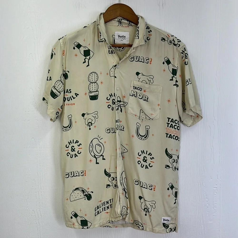 Duvin - Beige Taco Guacamole Fun Graphic Short Sleeve Button Up Size Small - Picture 7 of 12